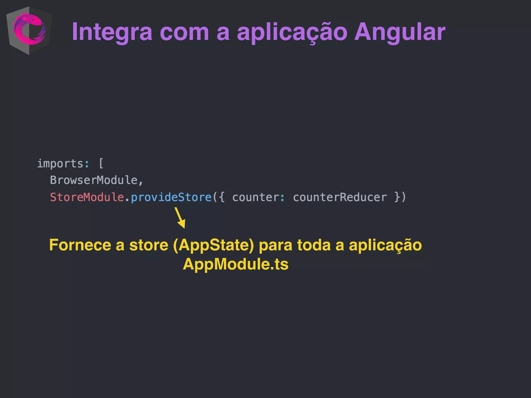Integra com a aplicação Angular Fornece a store (AppState) para toda a aplicação AppModule.ts 