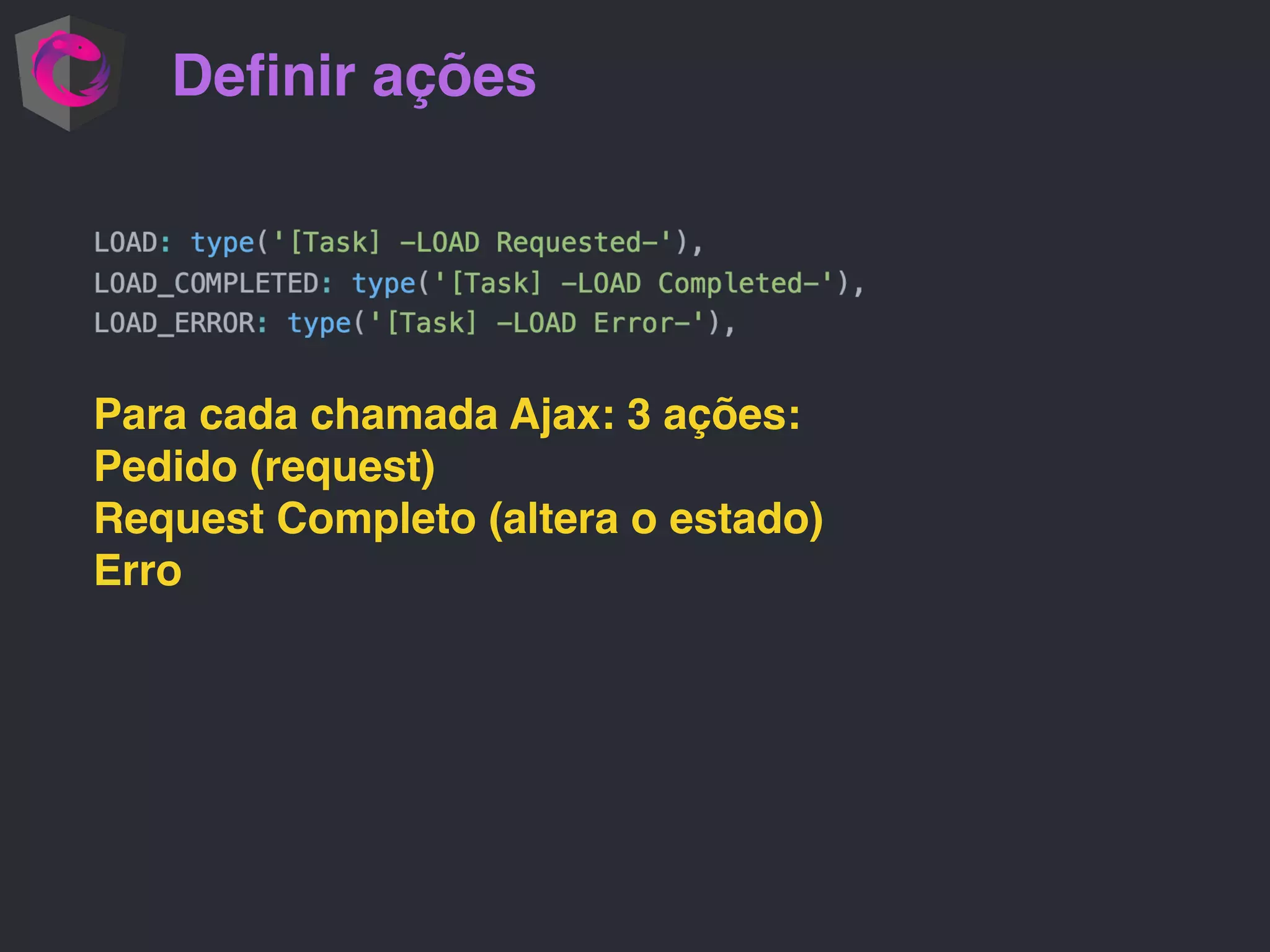 Deﬁnir ações Para cada chamada Ajax: 3 ações: Pedido (request) Request Completo (altera o estado) Erro 