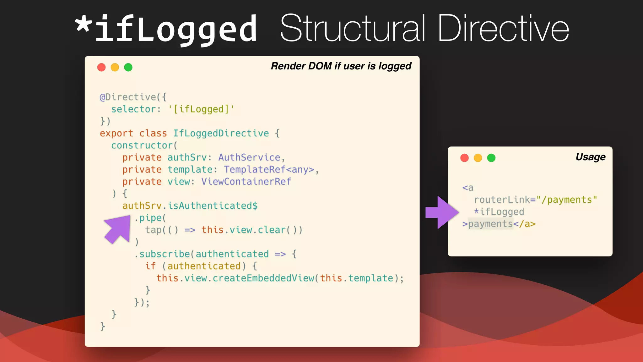 *ifLogged Structural Directive
Render DOM if user is logged
Usage
 