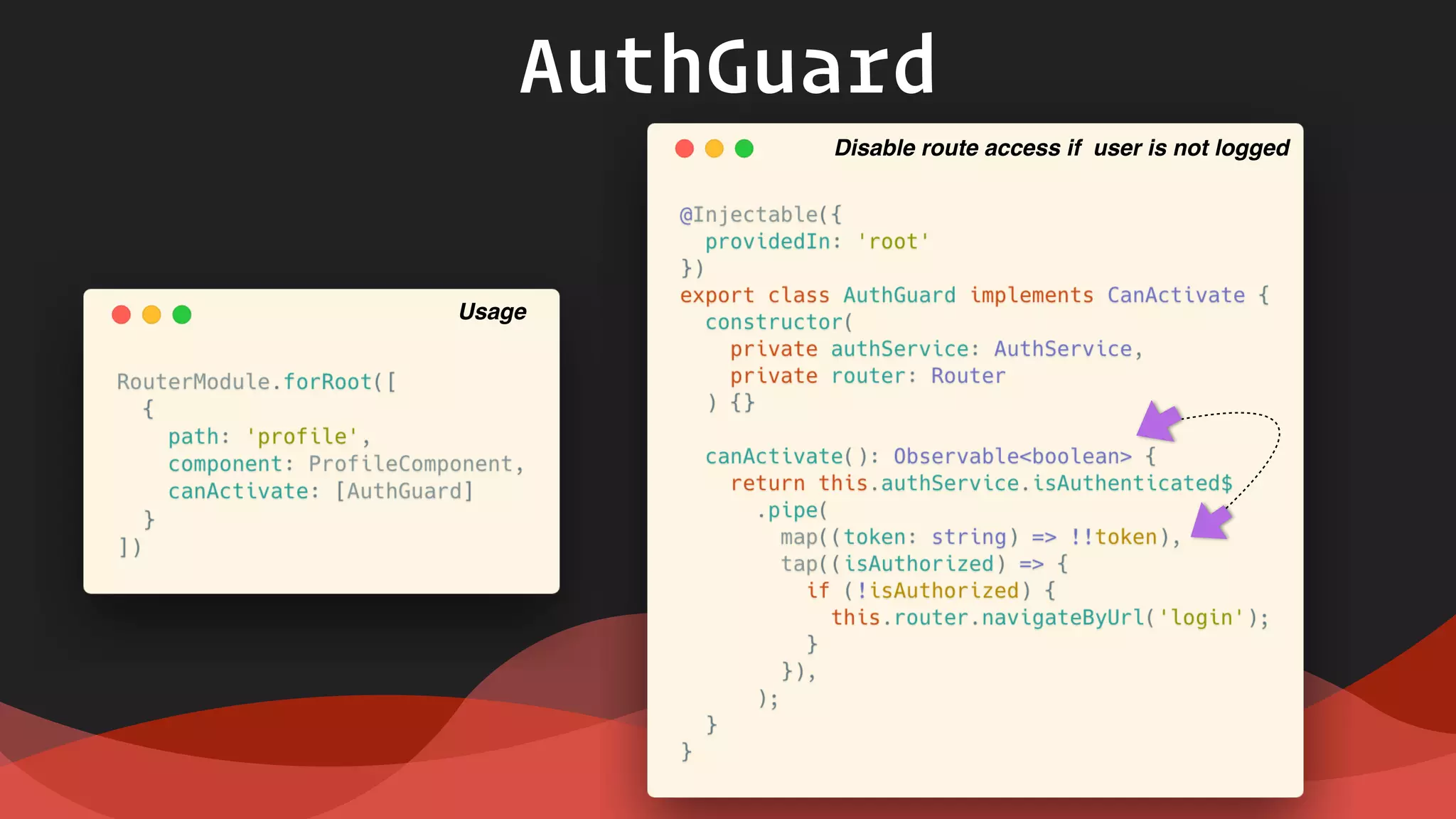 AuthGuard
Disable route access if user is not logged
Usage
 