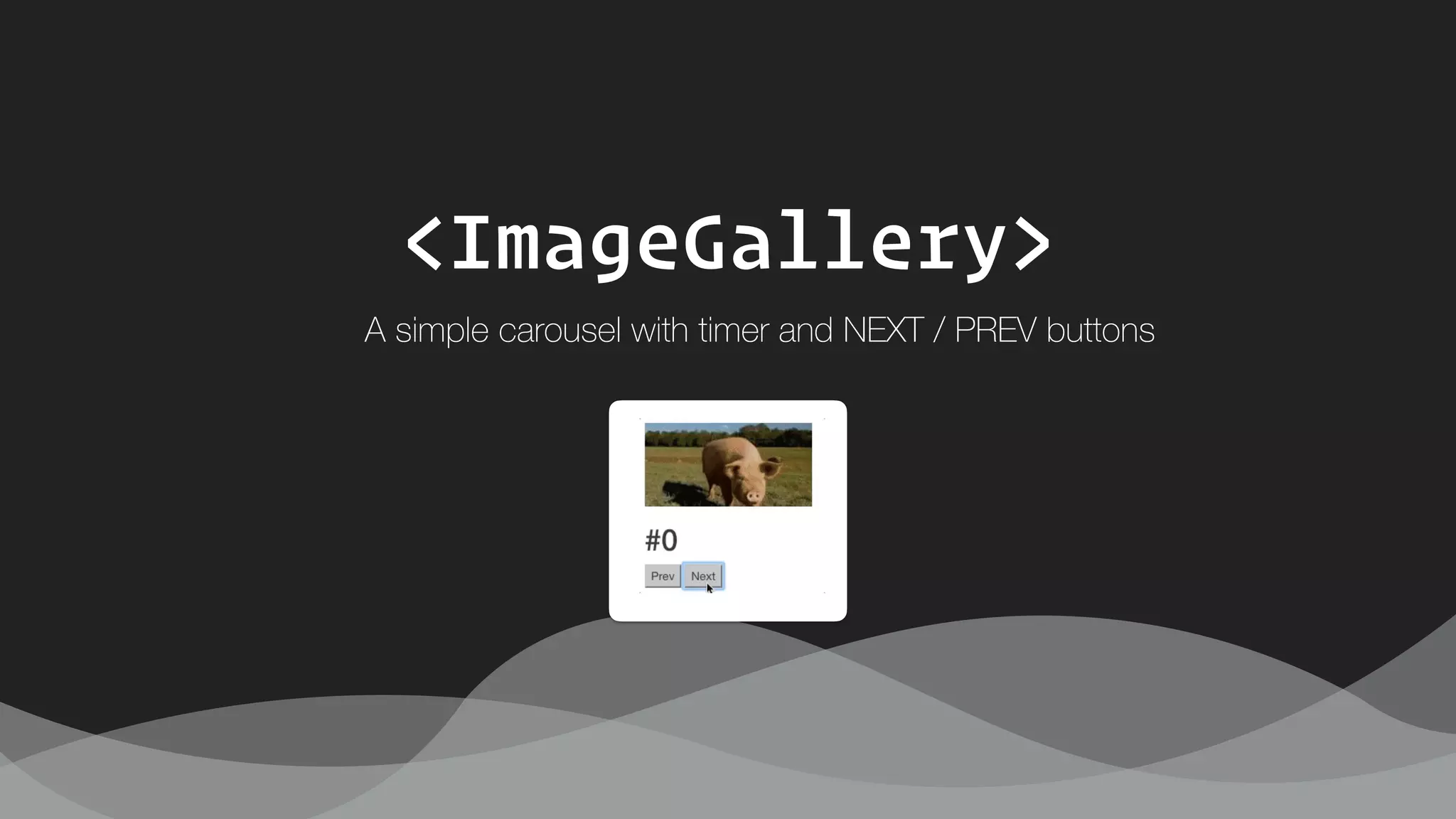 <ImageGallery>
A simple carousel with timer and NEXT / PREV buttons
 