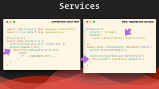 Services
UserService: fetch data View: request and use data
 