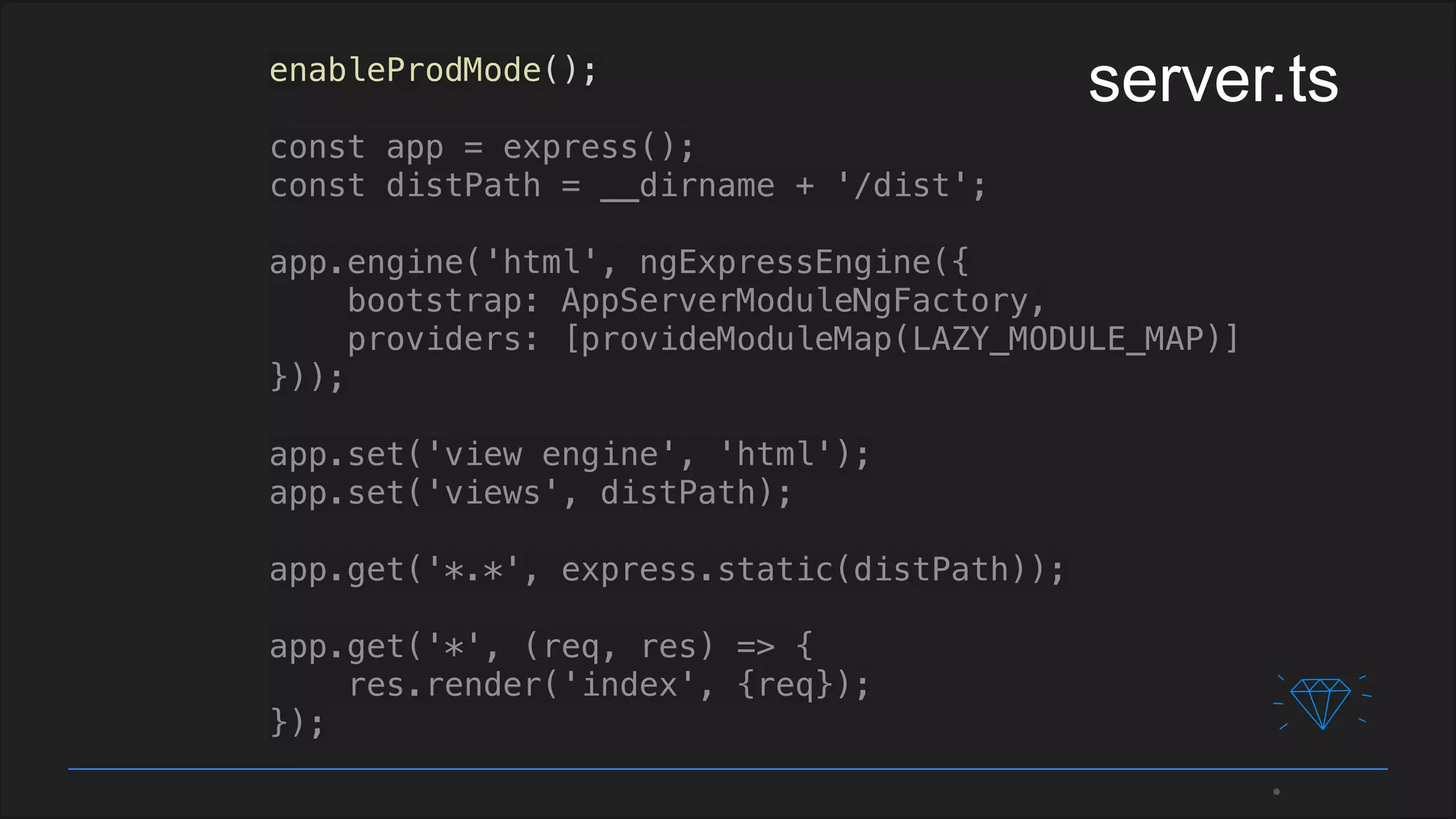 enableProdMode();
const app = express();
const distPath = __dirname + '/dist';
app.engine('html', ngExpressEngine({
bootstrap: AppServerModuleNgFactory,
providers: [provideModuleMap(LAZY_MODULE_MAP)]
}));
app.set('view engine', 'html');
app.set('views', distPath);
app.get('*.*', express.static(distPath));
app.get('*', (req, res) => {
res.render('index', {req});
});
server.ts
 