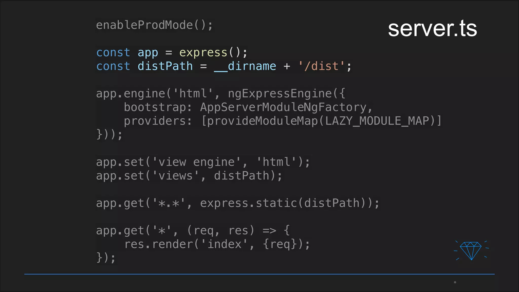 enableProdMode();
const app = express();
const distPath = __dirname + '/dist';
app.engine('html', ngExpressEngine({
bootstrap: AppServerModuleNgFactory,
providers: [provideModuleMap(LAZY_MODULE_MAP)]
}));
app.set('view engine', 'html');
app.set('views', distPath);
app.get('*.*', express.static(distPath));
app.get('*', (req, res) => {
res.render('index', {req});
});
server.ts
 