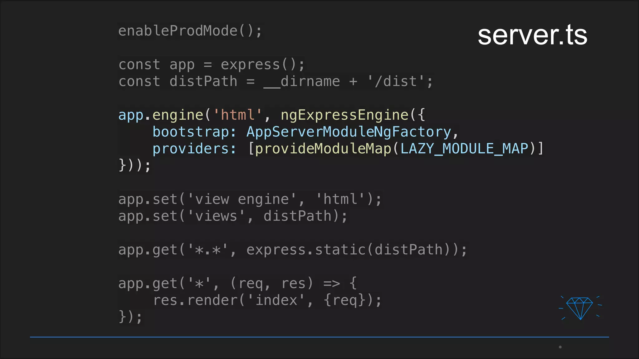 enableProdMode();
const app = express();
const distPath = __dirname + '/dist';
app.engine('html', ngExpressEngine({
bootstrap: AppServerModuleNgFactory,
providers: [provideModuleMap(LAZY_MODULE_MAP)]
}));
app.set('view engine', 'html');
app.set('views', distPath);
app.get('*.*', express.static(distPath));
app.get('*', (req, res) => {
res.render('index', {req});
});
server.ts
 
