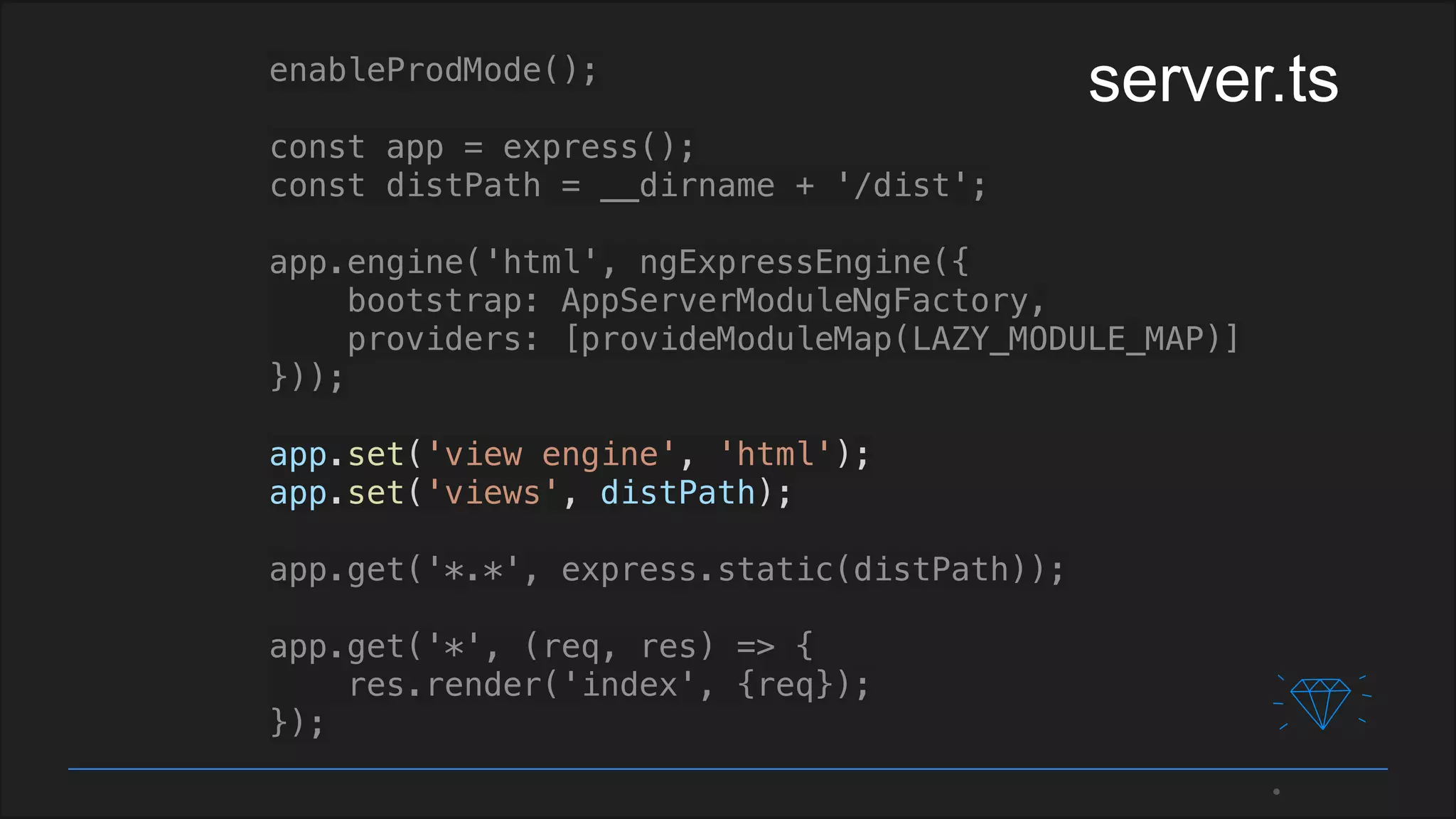 enableProdMode();
const app = express();
const distPath = __dirname + '/dist';
app.engine('html', ngExpressEngine({
bootstrap: AppServerModuleNgFactory,
providers: [provideModuleMap(LAZY_MODULE_MAP)]
}));
app.set('view engine', 'html');
app.set('views', distPath);
app.get('*.*', express.static(distPath));
app.get('*', (req, res) => {
res.render('index', {req});
});
server.ts
 