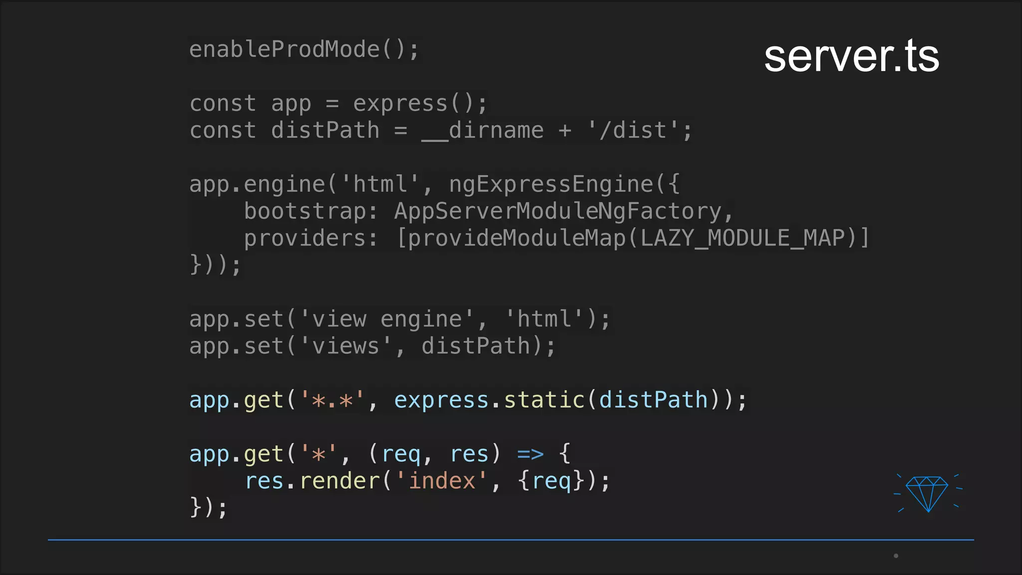 enableProdMode();
const app = express();
const distPath = __dirname + '/dist';
app.engine('html', ngExpressEngine({
bootstrap: AppServerModuleNgFactory,
providers: [provideModuleMap(LAZY_MODULE_MAP)]
}));
app.set('view engine', 'html');
app.set('views', distPath);
app.get('*.*', express.static(distPath));
app.get('*', (req, res) => {
res.render('index', {req});
});
server.ts
 