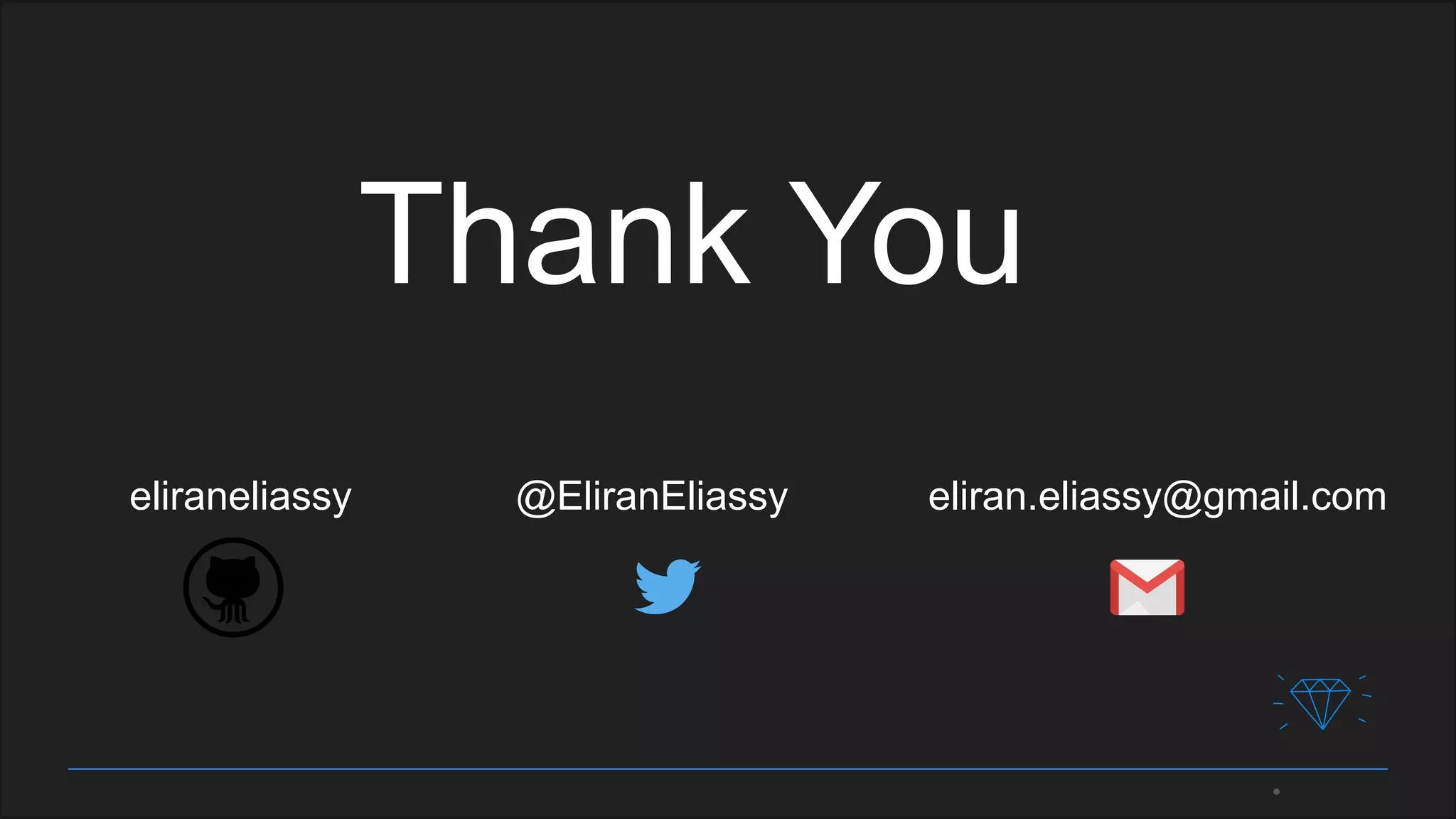 Thank You
@EliranEliassy eliran.eliassy@gmail.comeliraneliassy
 