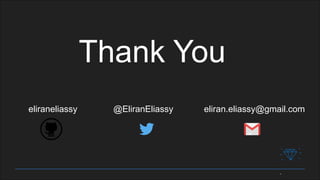 Thank You
@EliranEliassy eliran.eliassy@gmail.comeliraneliassy
 