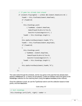 98
// If game has already been played
if (element.PlayingDate < curDate && element.HomeScore>=0) {
TeamAt = this.FindTeam(element.HomeTeam);
if (TeamAt<0)
{
this.Standings.push(
{ TeamName: element.HomeTeam,
GamesPlayed:0,Wins:0,Ties:0,
GoalsFor:0,GoalsAgainst:0 } )
TeamAt = this.Standings.length-1;
}
this.UpdCurrentRow(element,TeamAt,"H");
TeamAt = this.FindTeam(element.AwayTeam);
if (TeamAt<0)
{
this.Standings.push(
{ TeamName: element.AwayTeam,
GamesPlayed:0,Wins:0,Ties:0,
GoalsFor:0,GoalsAgainst:0 } )
TeamAt = this.Standings.length-1;
}
this.UpdCurrentRow(element,TeamAt,"A");
}
});
The code reads through the schedule, and for any game in the past that has already been
played (a HomeScore of -1 means not yet played), it adds the statistics about the game to the
Standings collection for the matching team (using the UpdCurrentRow private method).
Once the collection is built, we use the TypeScript code to sort the collection based on total
points, and then GoalsFor.
Code Listing 127
// Sort standings
this.Standings.sort((left, right): number =>
 