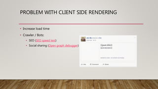 PROBLEM WITH CLIENT SIDE RENDERING
• Increase load time
• Crawler / Bots:
• SEO (SEO speed test)
• Social sharing (Open graph debugger)
 