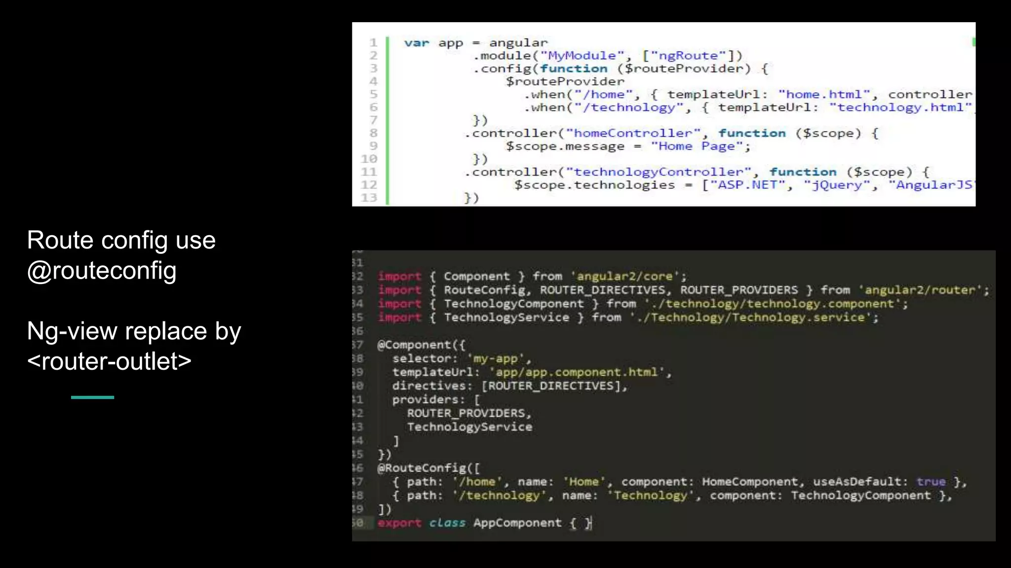 Route config use @routeconfig Ng-view replace by <router-outlet>