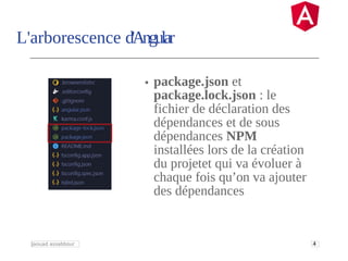 4
9
Jaouad assabbour
L'arborescence d'Angular
• package.json et
package.lock.json : le
fichier de déclaration des
dépendan...