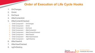 Order of Execution of Life Cycle Hooks
1. OnChanges
2. OnInit
3. DoCheck
4. AfterContentInit
5. AfterContentChecked
1. Child Component  OnChanges
2. Child Component  OnInit
3. Child Component  DoCheck
4. Child Component  AfterContentInit
5. Child Component  AfterContentChecked
6. Child Component  AfterViewInit
7. Child Component  AfterViewChecked
8. Child Component  ngOnDestroy
6. AfterViewInit
7. AfterViewChecked
8. ngOnDestroy
 