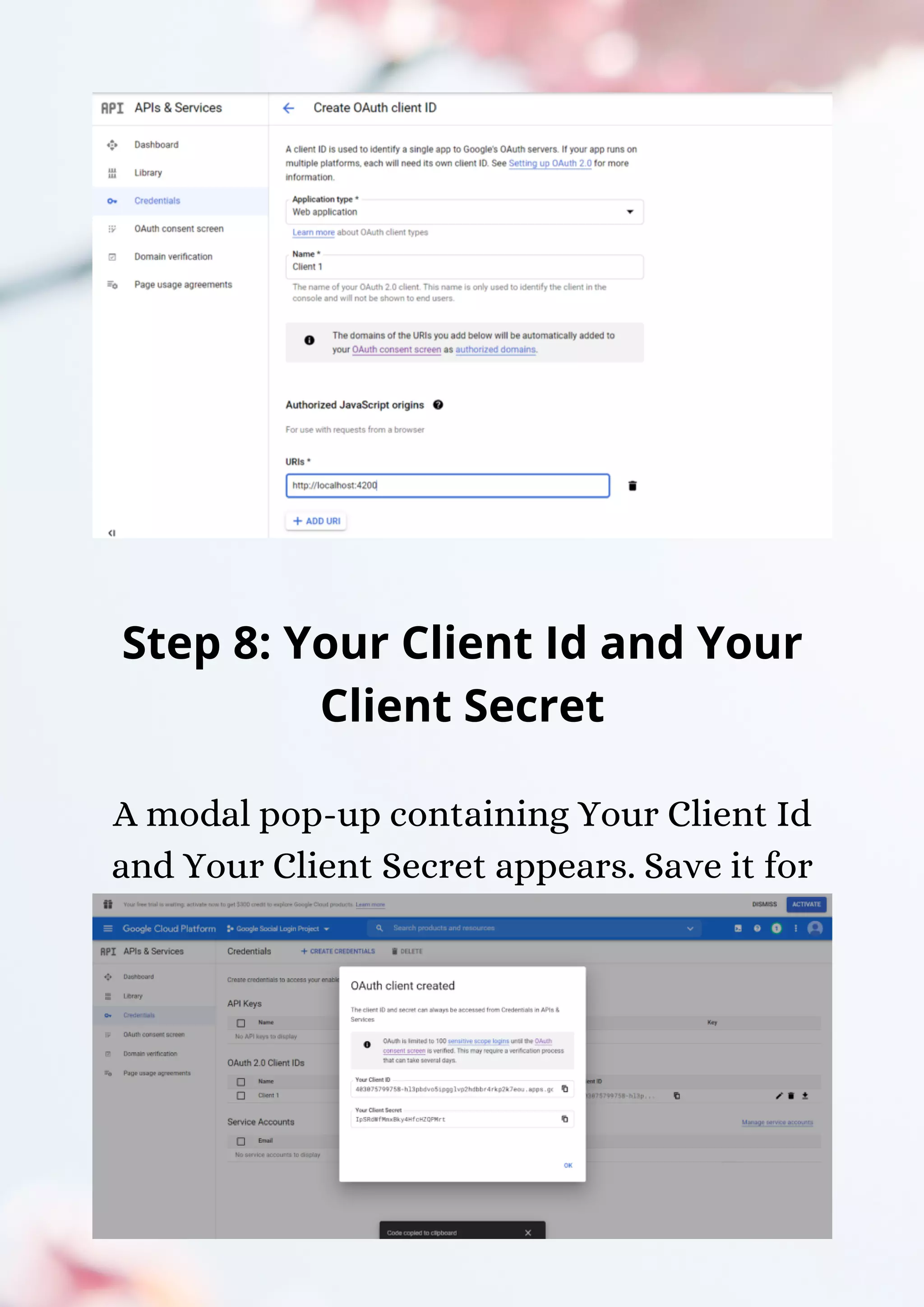 Step 8: Your Client Id and Your Client Secret A modal pop-up containing Your Client Id and Your Client Secret appears. Save it for later use. 