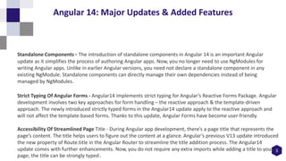 3
Angular 14: Major Updates & Added Features
Standalone Components - The introduction of standalone components in Angular ...