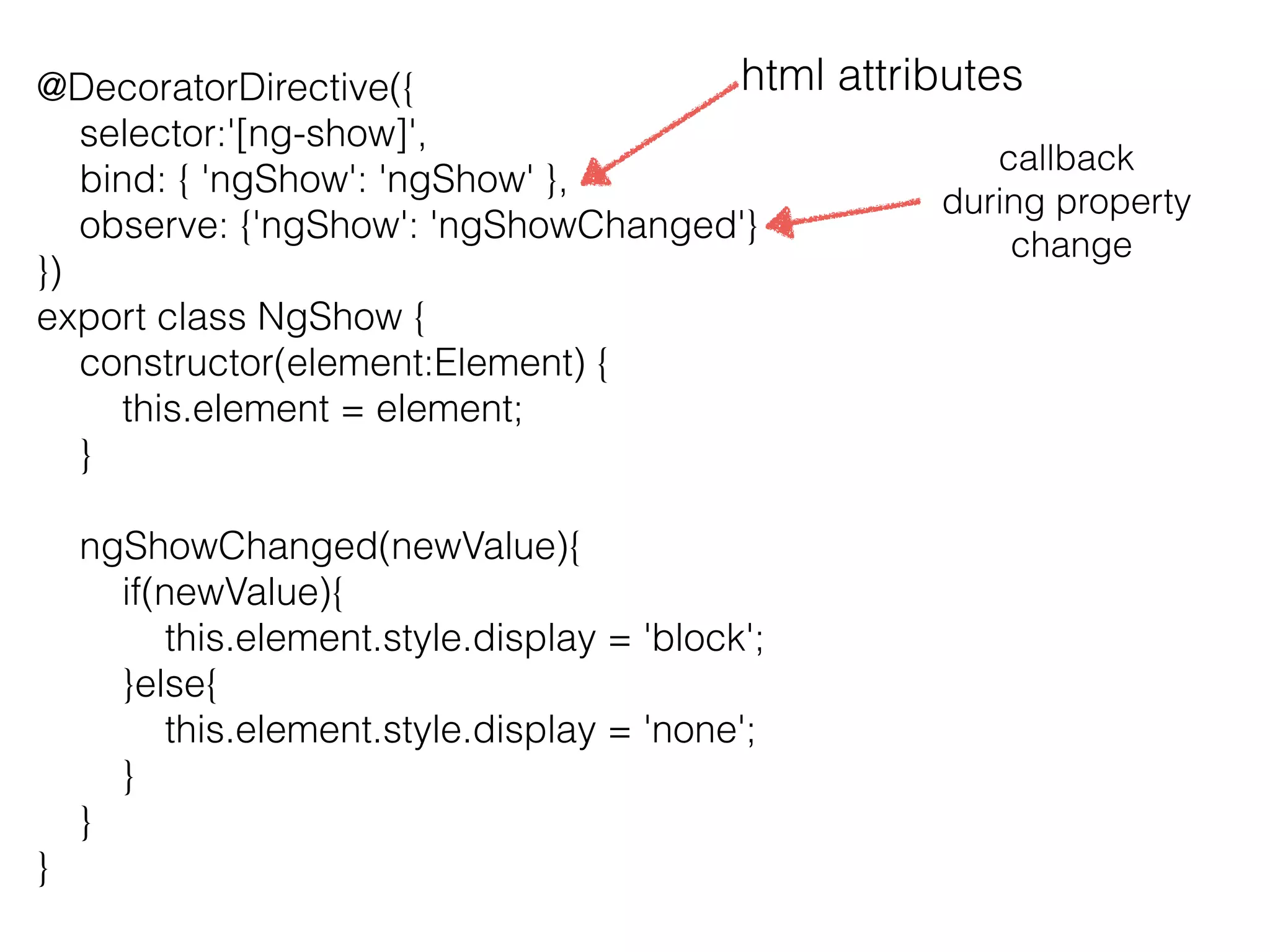 @DecoratorDirective({ 
selector:'[ng-show]', 
bind: { 'ngShow': 'ngShow' }, 
observe: {'ngShow': 'ngShowChanged'} 
}) 
export class NgShow { 
constructor(element:Element) { 
this.element = element; 
} 
ngShowChanged(newValue){ 
if(newValue){ 
this.element.style.display = 'block'; 
}else{ 
this.element.style.display = 'none'; 
} 
} 
} 
html attributes 
callback 
during property 
change 
 