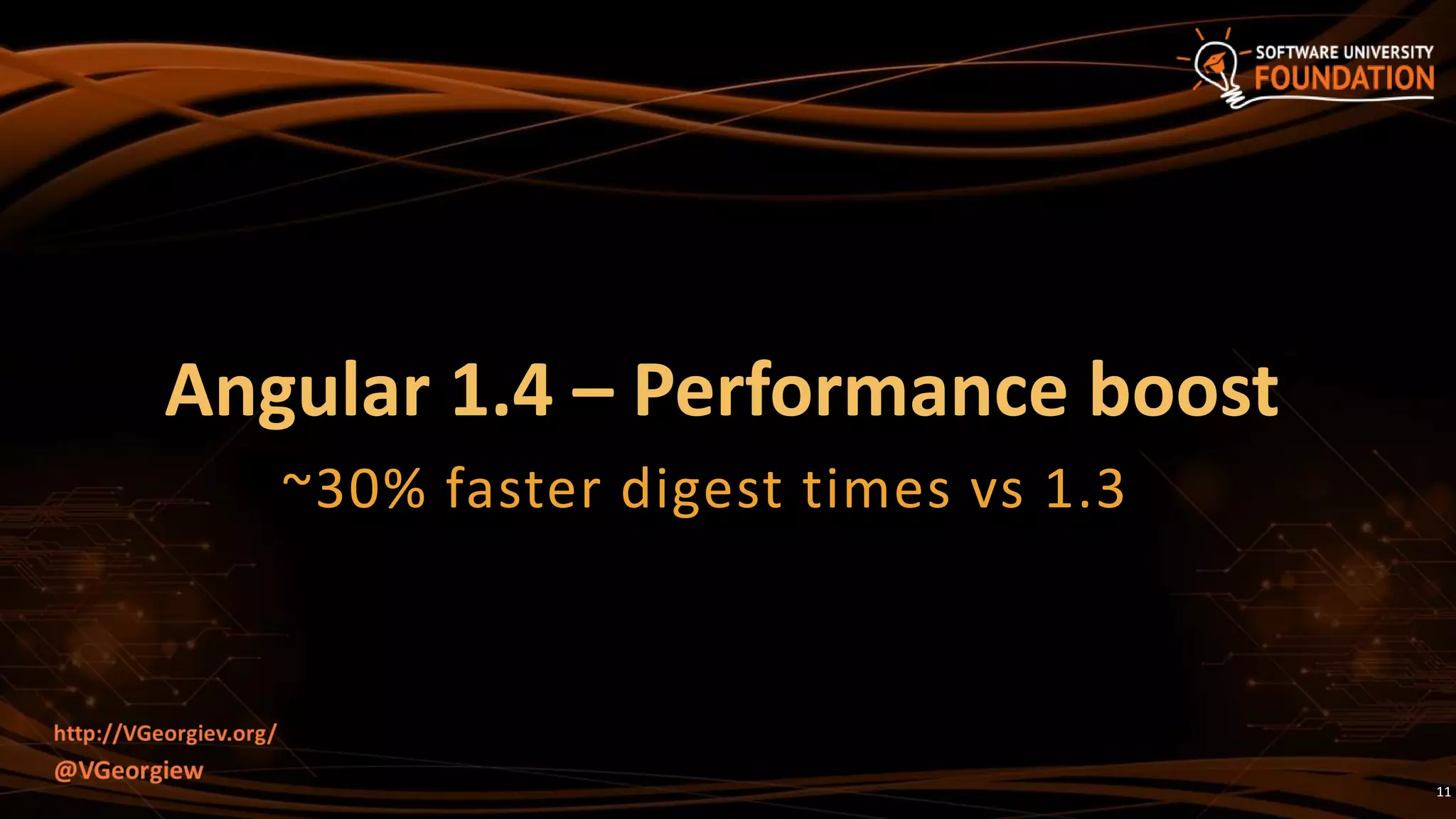 Angular 1.4 – Performance boost
~30% faster digest times vs 1.3
11
 