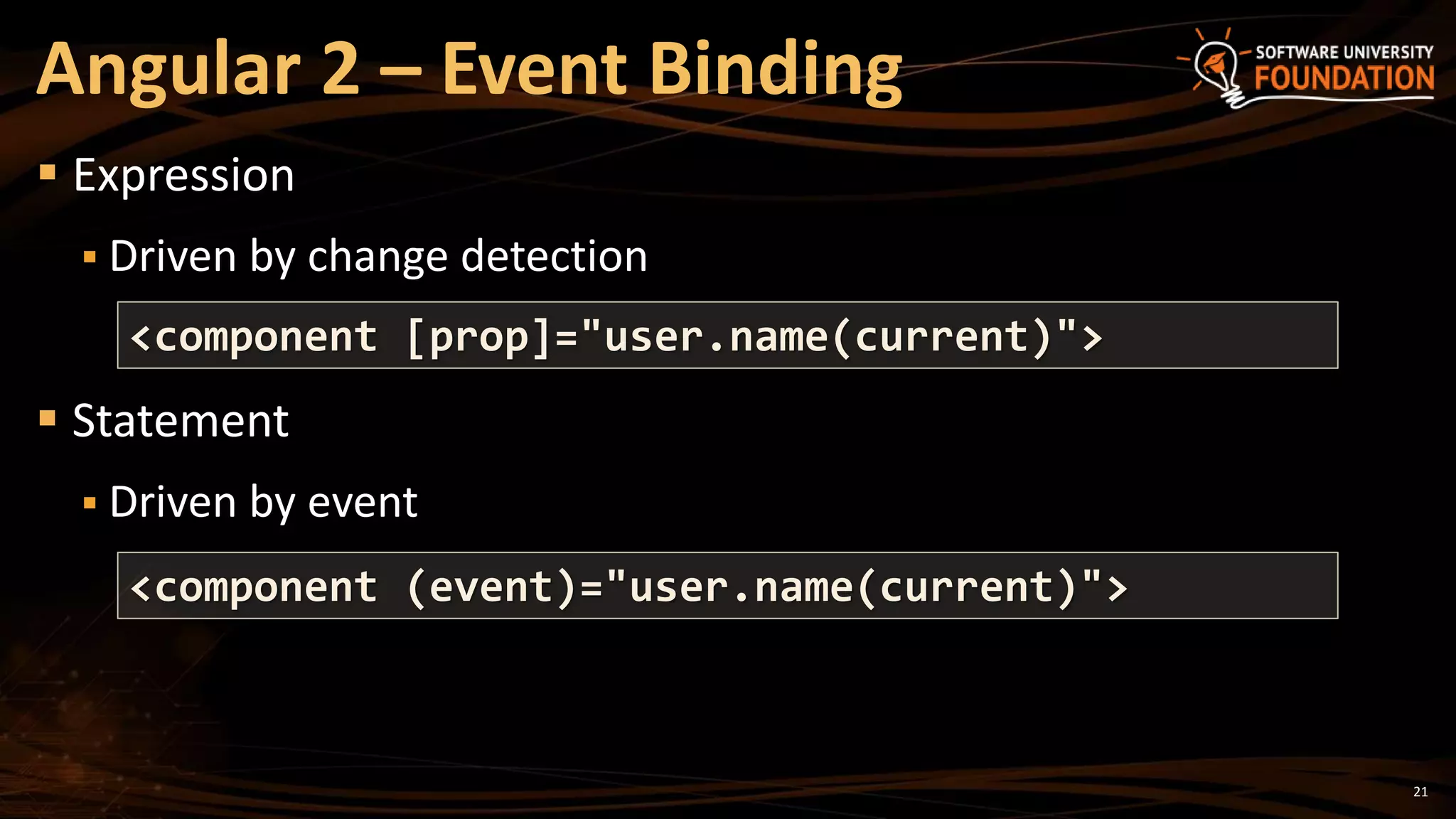 21
 Expression
 Driven by change detection
 Statement
 Driven by event
Angular 2 – Event Binding
<component [prop]="user.name(current)">
<component (event)="user.name(current)">
 