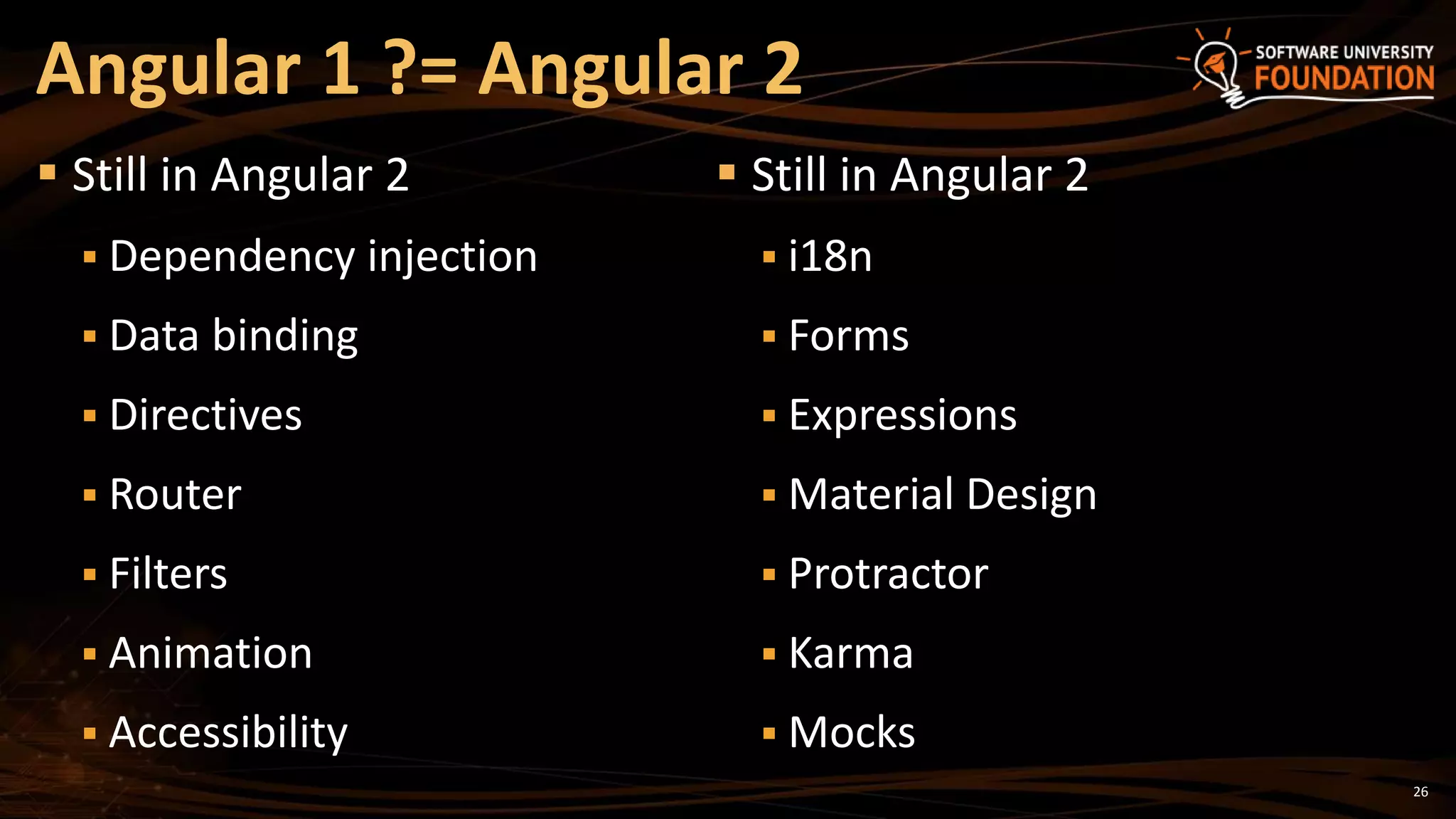 26
 Still in Angular 2
 Dependency injection
 Data binding
 Directives
 Router
 Filters
 Animation
 Accessibility
Angular 1 ?= Angular 2
 Still in Angular 2
 i18n
 Forms
 Expressions
 Material Design
 Protractor
 Karma
 Mocks
 