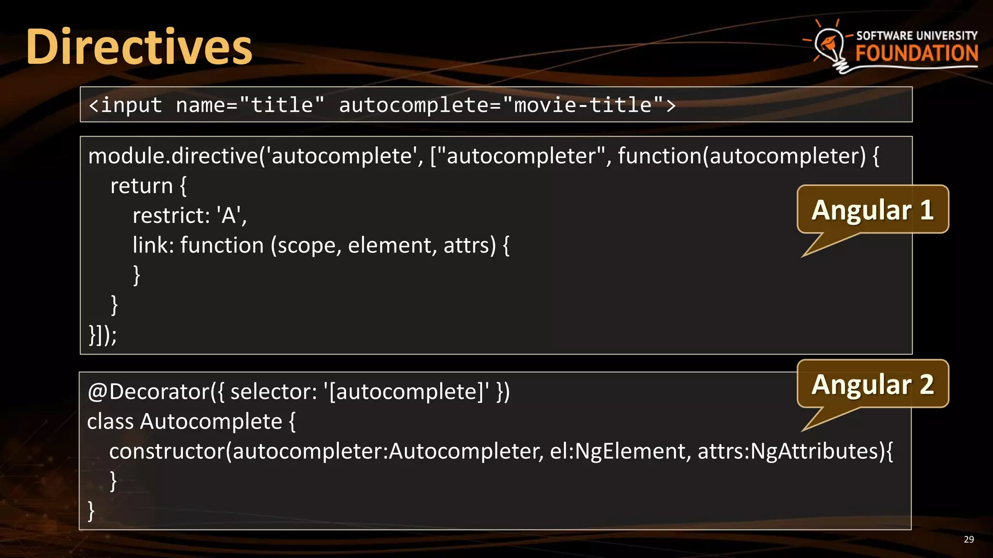29
Directives
<input name="title" autocomplete="movie-title">
module.directive('autocomplete', ["autocompleter", function(autocompleter) {
return {
restrict: 'A',
link: function (scope, element, attrs) {
}
}
}]);
@Decorator({ selector: '[autocomplete]' })
class Autocomplete {
constructor(autocompleter:Autocompleter, el:NgElement, attrs:NgAttributes){
}
}
Angular 1
Angular 2
 