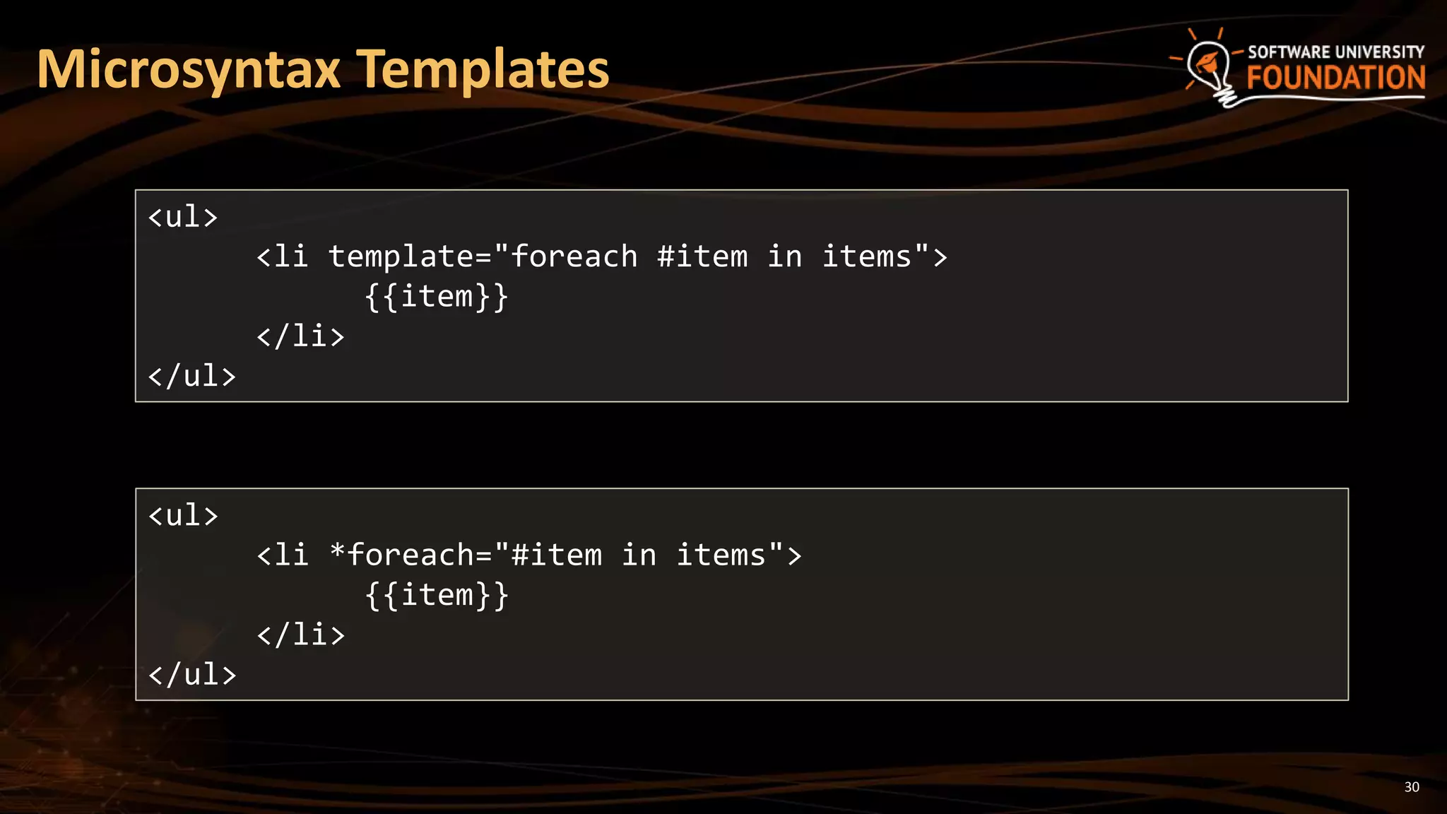 30
Microsyntax Templates
<ul>
<li template="foreach #item in items">
{{item}}
</li>
</ul>
<ul>
<li *foreach="#item in items">
{{item}}
</li>
</ul>
 