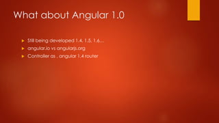 What about Angular 1.0
 Still being developed 1.4, 1.5, 1.6…
 angular.io vs angularjs.org
 Controller as , angular 1.4 router
 