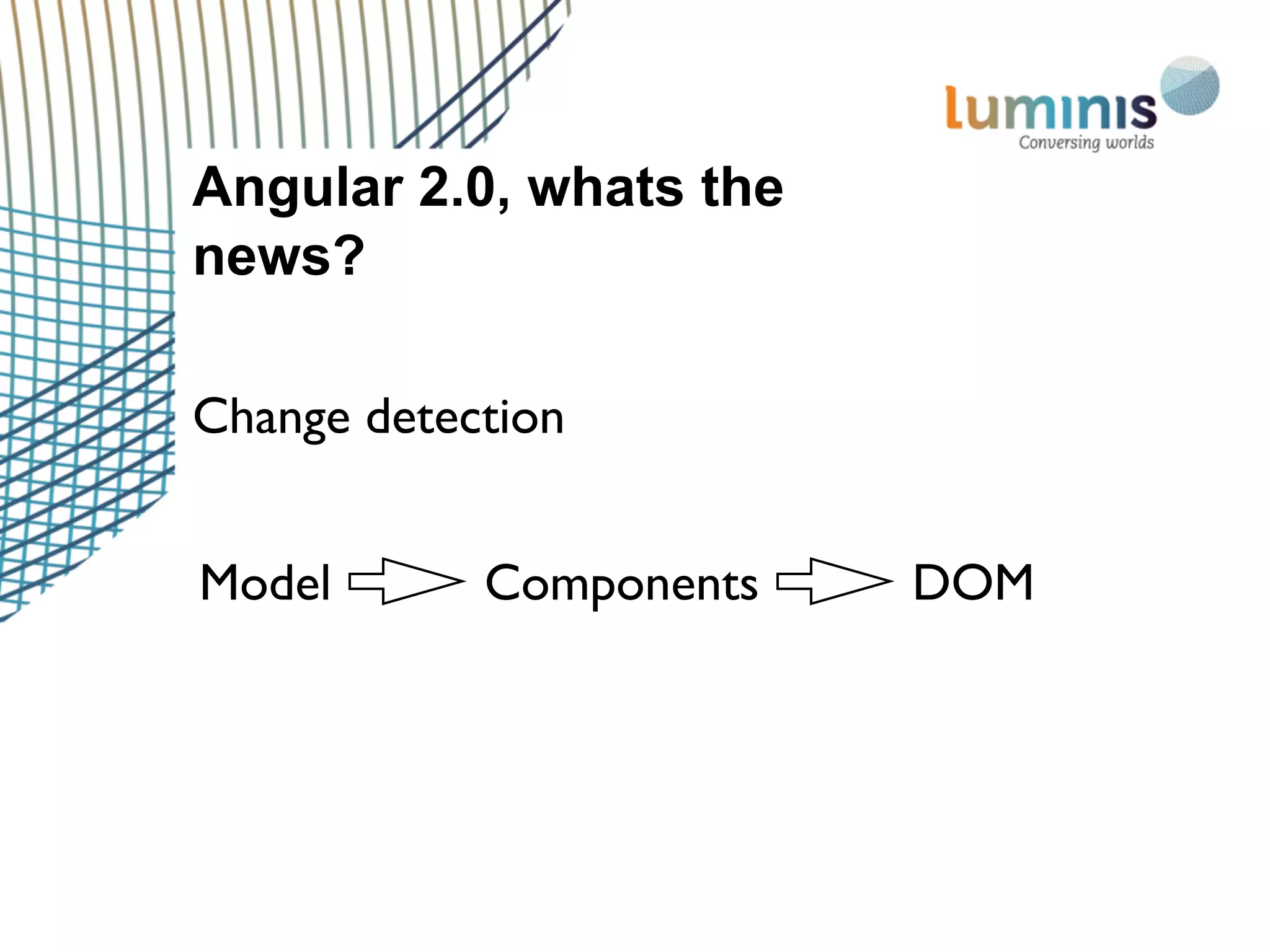 Angular 2.0, whats the
news?
Change detection
Model Components DOM
 
