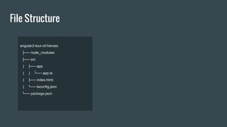 File Structure
angular2-tour-of-heroes
├── node_modules
├── src
| ├── app
| | └── app.ts
| ├── index.html
| └── tsconfig.json
└── package.json
 