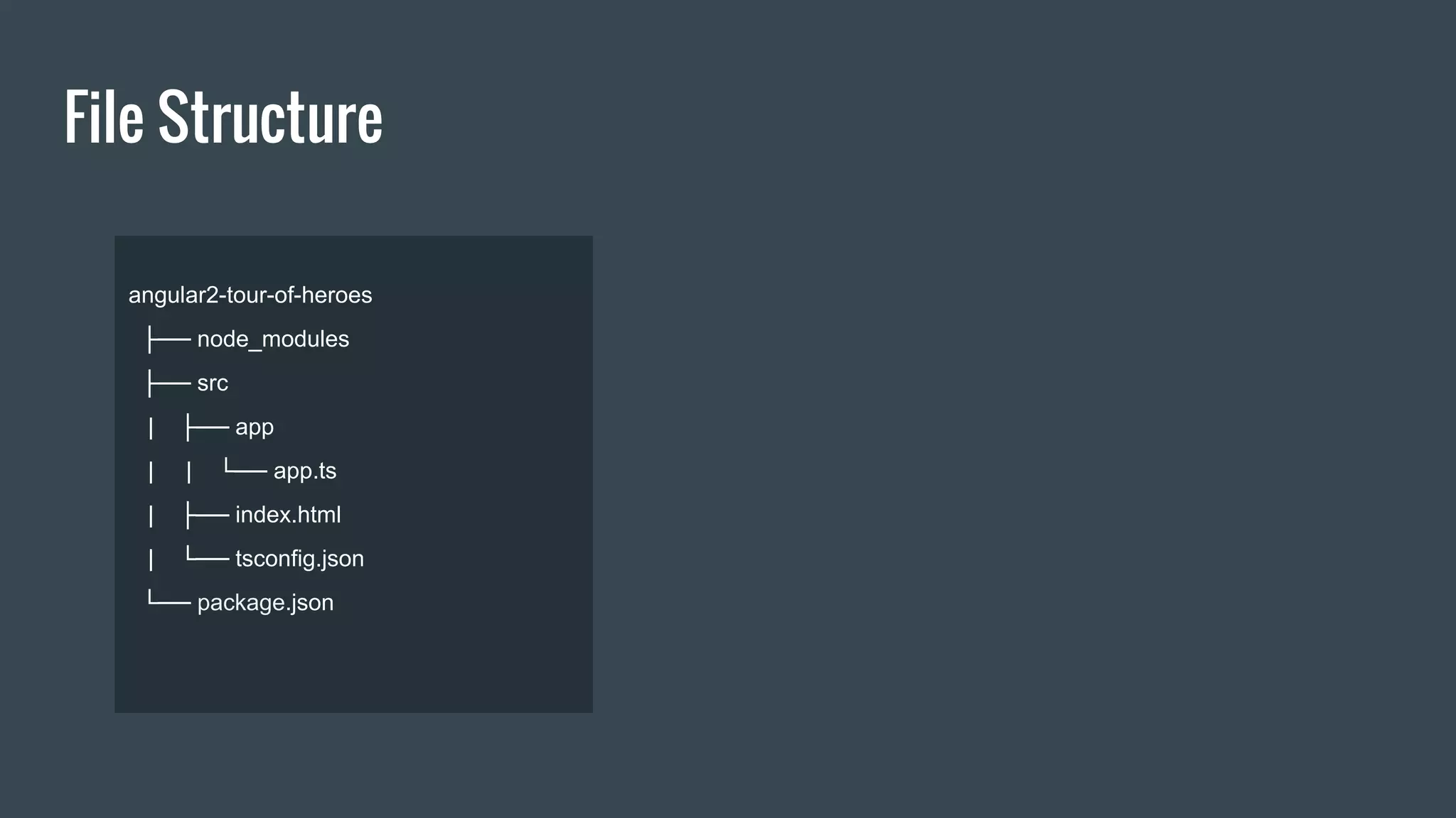 File Structure
angular2-tour-of-heroes
├── node_modules
├── src
| ├── app
| | └── app.ts
| ├── index.html
| └── tsconfig.json
└── package.json
 