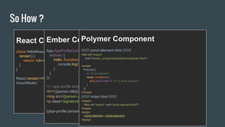 So How ?
React Component
class HeloMessage extends React.Component {
render() {
return <div>Hello {this.props.name}</div>;
}
}
React.render(<HelloMessage name="Jay" />,
mountNode);
Ember Component
App.AppProfileComponent = Ember.Component.extend({
actions: {
hello: function(name) {
console.log("Hello", name);
}
}
});
<!-- app-profile template -->
<h1>{{person.title}}</h1>
<img src={{person.avatar}}>
<p class='signature'>{{person.signature}}</p>
{{app-profile person=currentUser}}
Polymer Component
//////// porot-element.html ////////
<link rel="import"
href="bower_components/polymer/polymer.html">
<script>
Polymer({
is: "proto-element",
ready: function() {
this.textContent = "I'm a proto-element."
}
});
</script>
//////// index.html ////////
</head>
<link rel="import" href="proto-element.html">
</head>
<body>
<proto-element></proto-element>
</body>
 