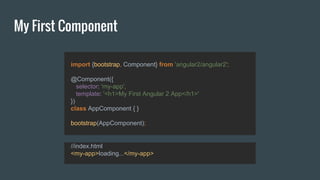 My First Component
import {bootstrap, Component} from 'angular2/angular2';
@Component({
selector: 'my-app',
template: '<h1>My First Angular 2 App</h1>'
})
class AppComponent { }
bootstrap(AppComponent);
//index.html
<my-app>loading...</my-app>
 