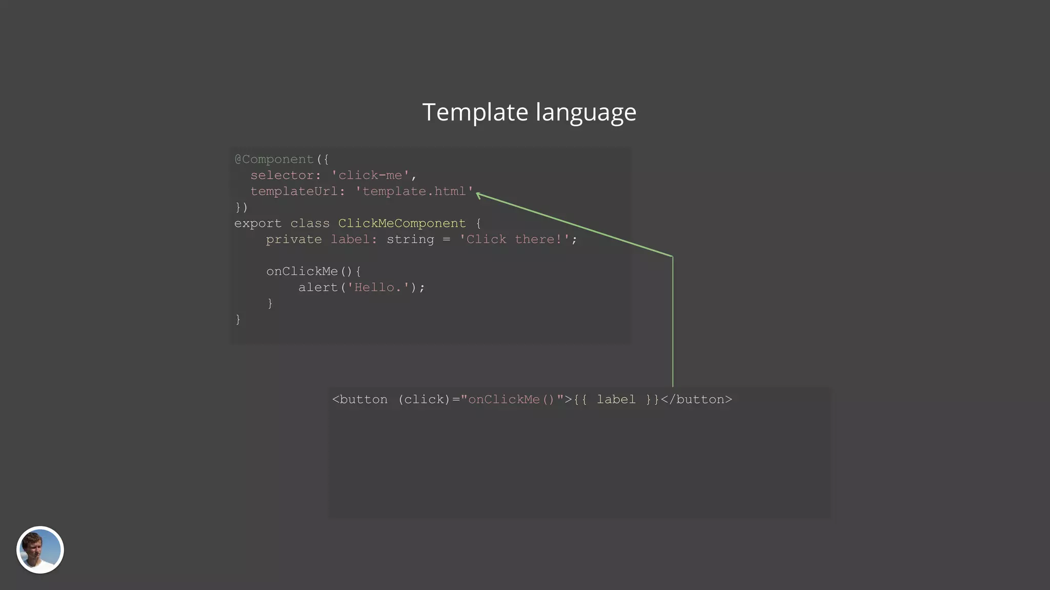 Template language @Component({ selector: 'click-me', templateUrl: 'template.html' }) export class ClickMeComponent { private label: string = 'Click there!'; onClickMe(){ alert('Hello.'); } } <button (click)="onClickMe()">{{ label }}</button> 