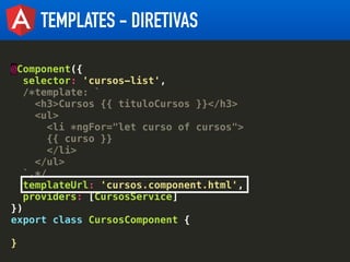 TEMPLATES - DIRETIVAS
@Component({
selector: 'cursos-list',
/*template: `
<h3>Cursos {{ tituloCursos }}</h3>
<ul>
<li *ngF...