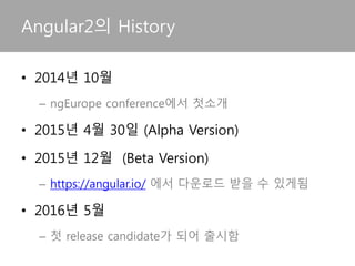 • 2014년 10월
– ngEurope conference에서 첫소개
• 2015년 4월 30일 (Alpha Version)
• 2015년 12월 (Beta Version)
– https://angular.io/ 에서 다운로드 받을 수 있게됨
• 2016년 5월
– 첫 release candidate가 되어 출시함
Angular2의 History
 