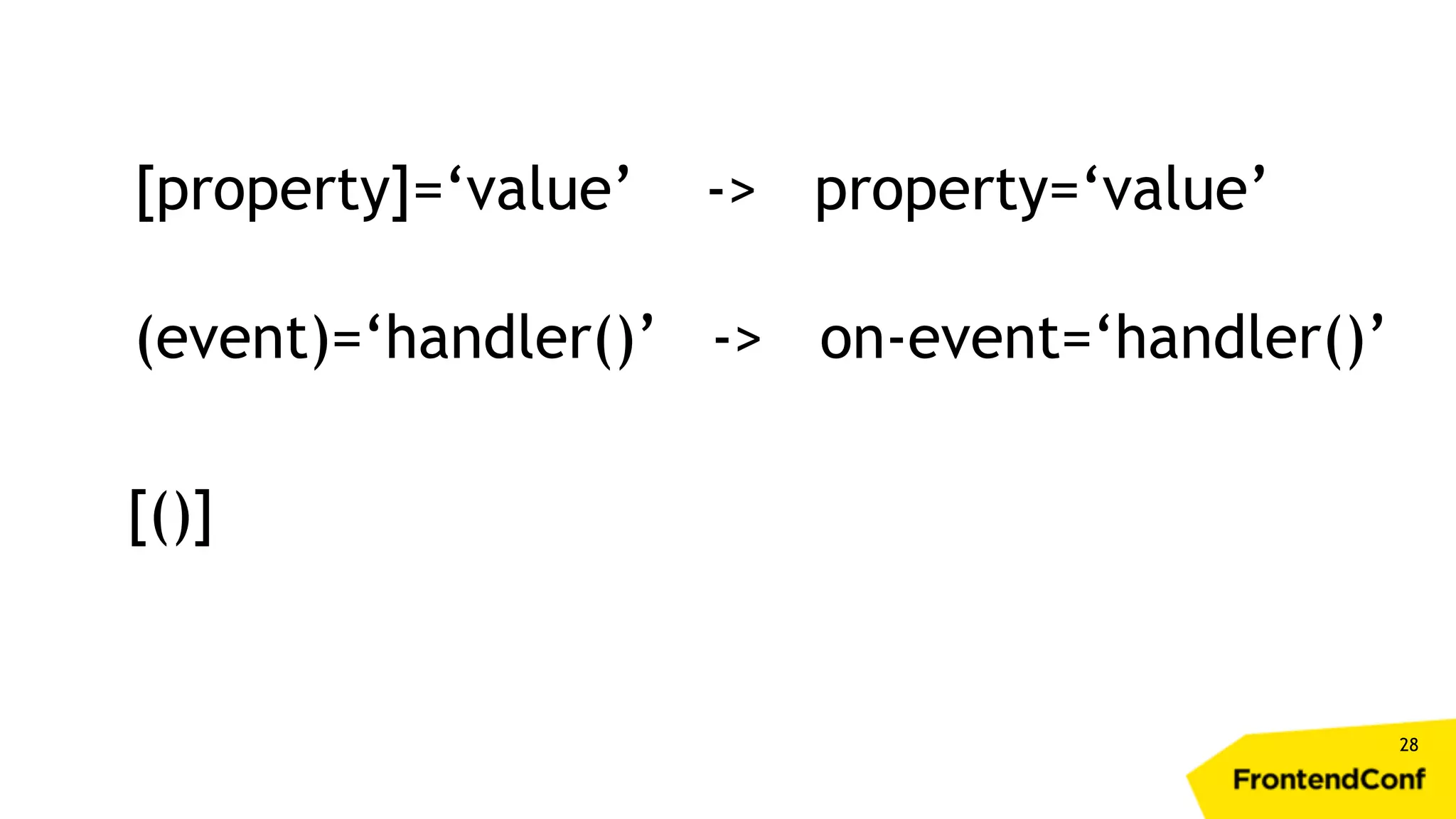 28 [property]=‘value’ -> property=‘value’ (event)=‘handler()’ -> on-event=‘handler()’ [()] 