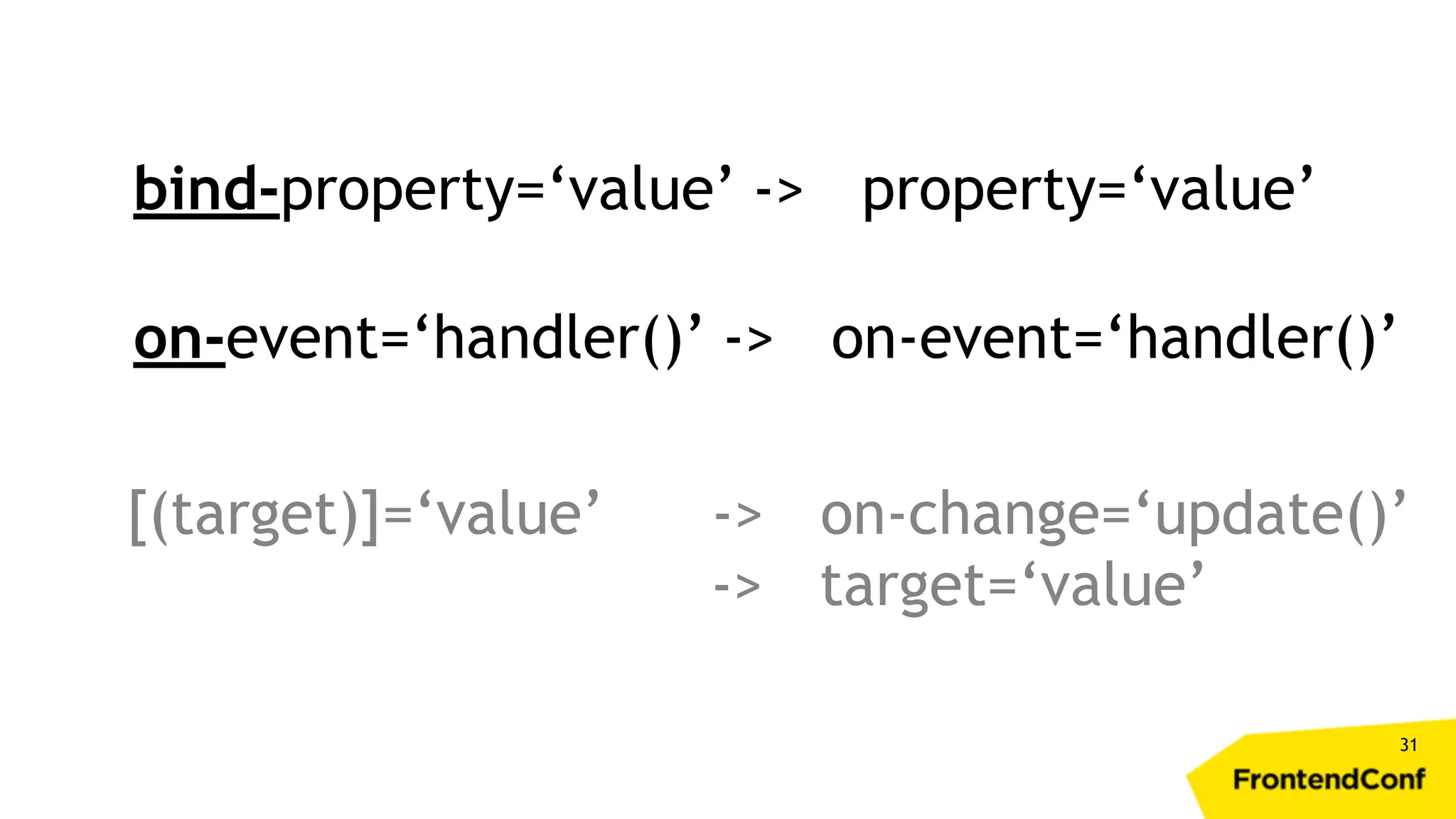 31 bind-property=‘value’ -> property=‘value’ on-event=‘handler()’ -> on-event=‘handler()’ [(target)]=‘value’ -> on-change=‘update()’ -> target=‘value’ 