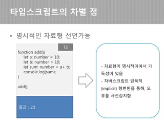 • 명시적인 자료형 선언가능
타입스크립트의 차별점
var a="10";
var b=10;
var sum=a+b;
console.log(sum);
function add_error(){
let a: string = "10";
let b: number = 10;
let sum: number = a+ b;
//error!
console.log(sum);
}
add_error();
JS TS
결과 : 1010
해석: 20이 출력되길 기대했
지만, 자바스크립트의 암묵적
(implicit) 형변환은 예측할 수
없는 오류를 만들어 냄.
결과 : 타입이 다른 경우 더
하기 에러가 발생함! (오류가
능성 사전제거)
 