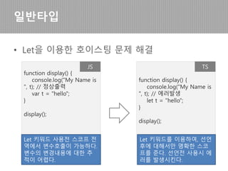 • Void
• Type assertions
일반타입
function warnUser(): void {
alert("This is my warning message");
}
let someValue: any = "this is a string";
let strLength: number = (<string>someValue).length;
 