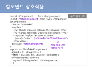 컴포넌트 상호작용
import { Component } from '@angular/core';
import { VoterComponent } from './voter.component';
@Component({
selector: 'vote-taker',
template: `
<h2>Should mankind colonize the Universe?</h2>
<h3>Agree: {{agreed}}, Disagree: {{disagreed}}</h3>
<my-voter *ngFor="let voter of voters"
[name]="voter＂ (onVoted)="onVoted($event)">
</my-voter>`,
directives: [VoterComponent]
})
export class VoteTakerComponent {
agreed = 0; disagreed = 0;
voters = ['Mr. IQ', 'Ms. Universe', 'Bombasto'];
onVoted(agreed: boolean) {
agreed ? this.agreed++ : this.disagreed++;
} }
부모 컴포넌트
자식 컴포넌트
이벤트 대기
 