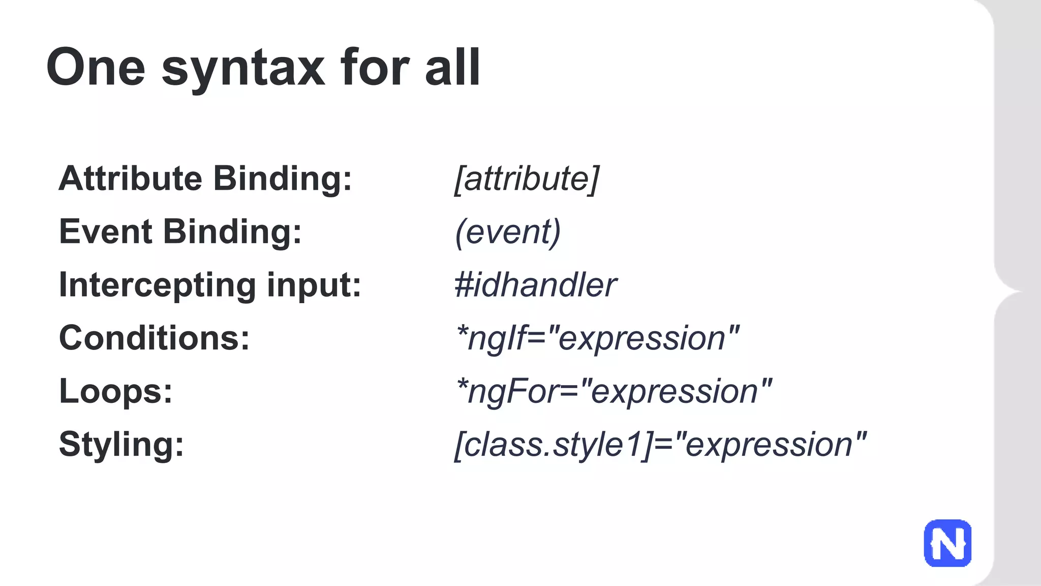 One syntax for all
Attribute Binding: [attribute]
Event Binding: (event)
Intercepting input: #idhandler
Conditions: *ngIf="expression"
Loops: *ngFor="expression"
Styling: [class.style1]="expression"
 