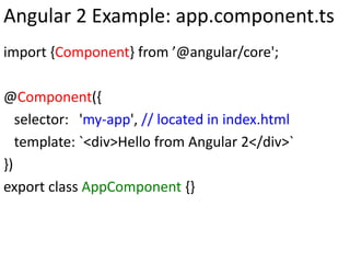 Angular 2 Example: app.component.ts
import {Component} from ’@angular/core';
@Component({
selector: 'my-app', // located in index.html
template: `<div>Hello from Angular 2</div>`
})
export class AppComponent {}
 