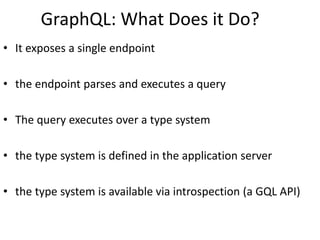 GraphQL: What Does it Do?
• It exposes a single endpoint
• the endpoint parses and executes a query
• The query executes over a type system
• the type system is defined in the application server
• the type system is available via introspection (a GQL API)
 