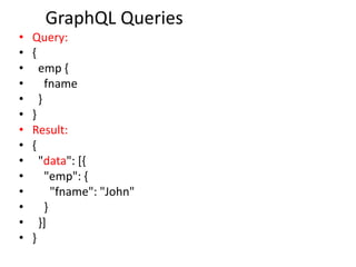 GraphQL Queries
• Query:
• {
• emp {
• fname
• }
• }
• Result:
• {
• "data": [{
• "emp": {
• "fname": "John"
• }
• }]
• }
 