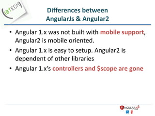Differences between
AngularJs & Angular2
• Angular 1.x was not built with mobile support,
Angular2 is mobile oriented.
• Angular 1.x is easy to setup. Angular2 is
dependent of other libraries
• Angular 1.x’s controllers and $scope are gone
 