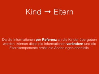 Kind → Eltern
Da die Informationen per Referenz an die Kinder übergeben
werden, können diese die Informationen verändern und die
Elternkomponente erhält die Änderungen ebenfalls.
 