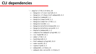 `-- angular-cli@1.0.0-beta.18
+-- @angular-cli/ast-tools@1.0.5
+-- @angular-cli/base-href-webpack@1.0.4
+-- @angular/common@2.1.1
+-- @angular/compiler@2.1.1
+-- @angular/compiler-cli@2.1.1
+-- @angular/core@2.1.1
+-- @angular/platform-browser@2.1.1
+-- @angular/platform-server@2.1.1
+-- @ngtools/webpack@1.1.2
+-- compression-webpack-plugin@0.3.2
+-- css-loader@0.23.1
+-- ember-cli@2.5.0
+-- handlebars@4.0.5
+-- html-webpack-plugin@2.24.0
+-- node-sass@3.10.1
+-- typescript@2.0.3
+-- webpack@2.1.0-beta.25
`-- webpack-dev-server@2.1.0-beta.9
CLI dependencies
28
 