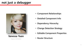 not just a debugger
• Component Relationships
• Detailed Component Info
• Dependency Hierarchy
• Change Detection Strategy
• Editable Component Properties
• Router Structure
Vanessa Yuen
Augury contributor
56
 