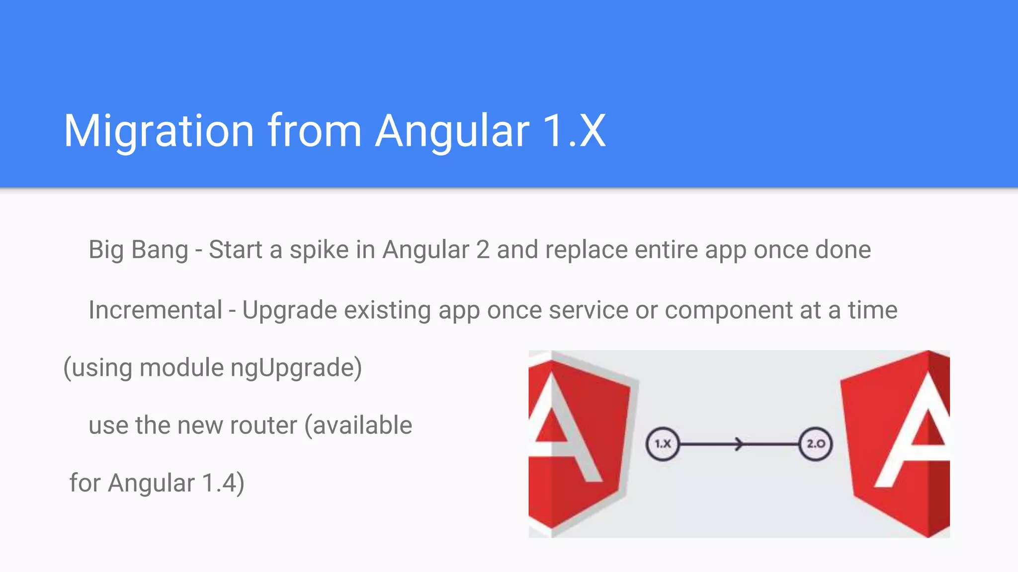 Migration from Angular 1.X
Big Bang - Start a spike in Angular 2 and replace entire app once done
Incremental - Upgrade existing app once service or component at a time
(using module ngUpgrade)
use the new router (available
for Angular 1.4)
 