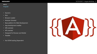 Nome do Documento / Cliente / 13.03.17 / 1717ISCTE FISTA’ 17 – Angular WorkShop
Este documento é propriedade intelectual de Innovagency, não podendo ser alterado ou usado para outro fim, a não ser o previamente acordado, sem autorização da mesma.
What is
Angular
• Dynamic
• Rich
• Browser Loaded
• Modular Oriented
• Base platform for Web Development
• App development enabler
• SPA oriented
• API oriented
• Designed for Browser and Mobile
• Testable
• Not DOM loading Dependent
 